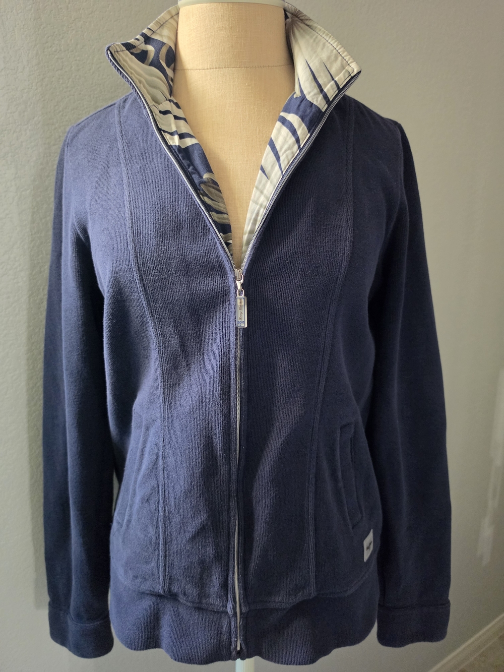 Tommy Bahama Navy Zip-Front Jacket with Patterned Floral Collar
